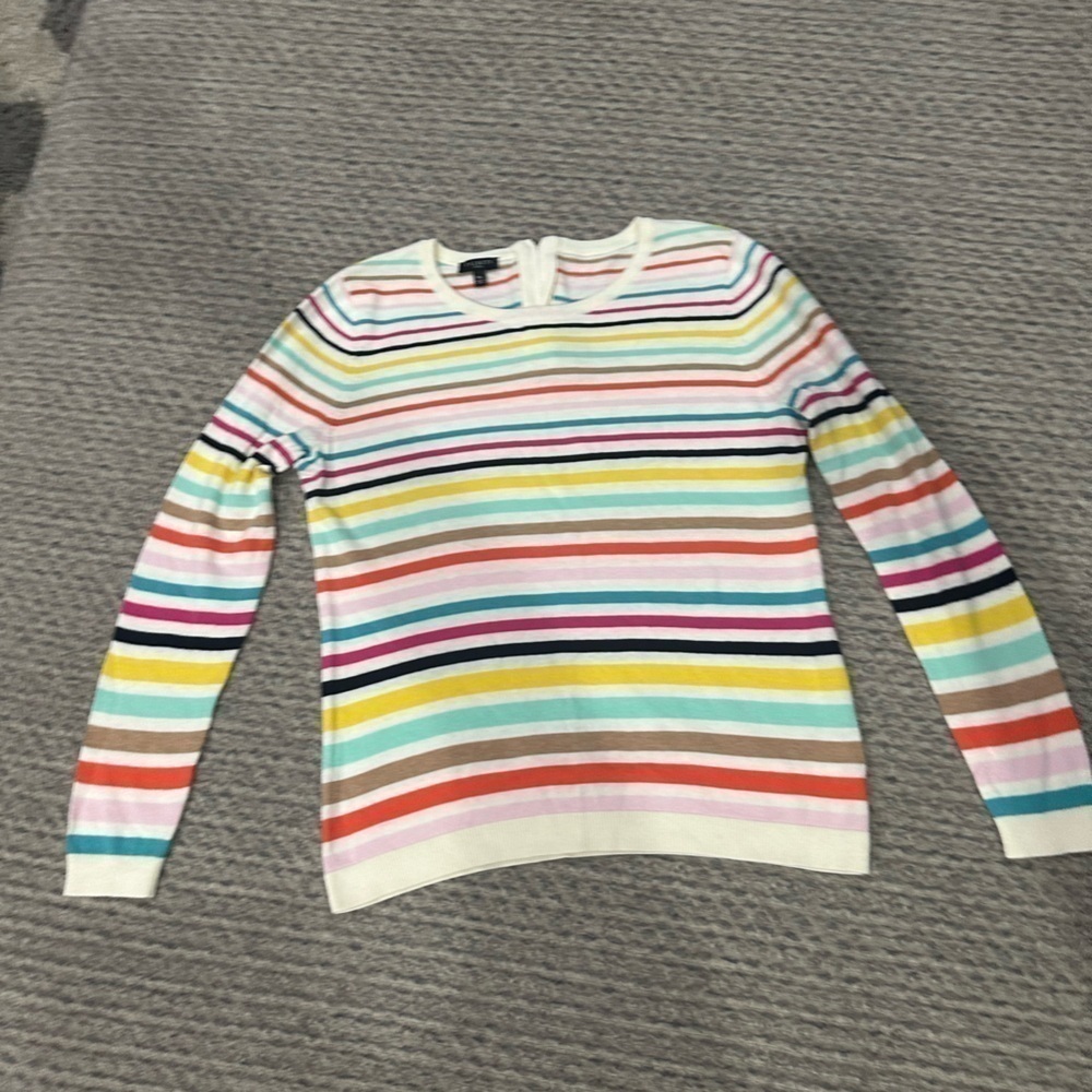 TALBOTS Women’s Crew Neck Strip d Sweater with zipper and Ruffle on back of neck